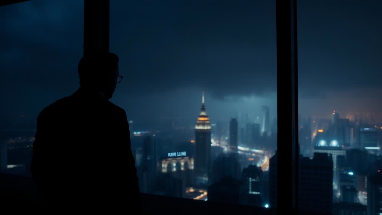 A lone executive silhouetted at a high-rise window above a storm-lit city at night
