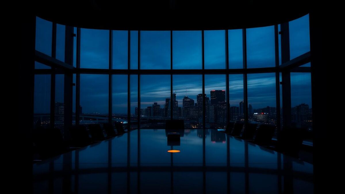Executive boardroom at dusk with a city skyline through floor-to-ceiling glass