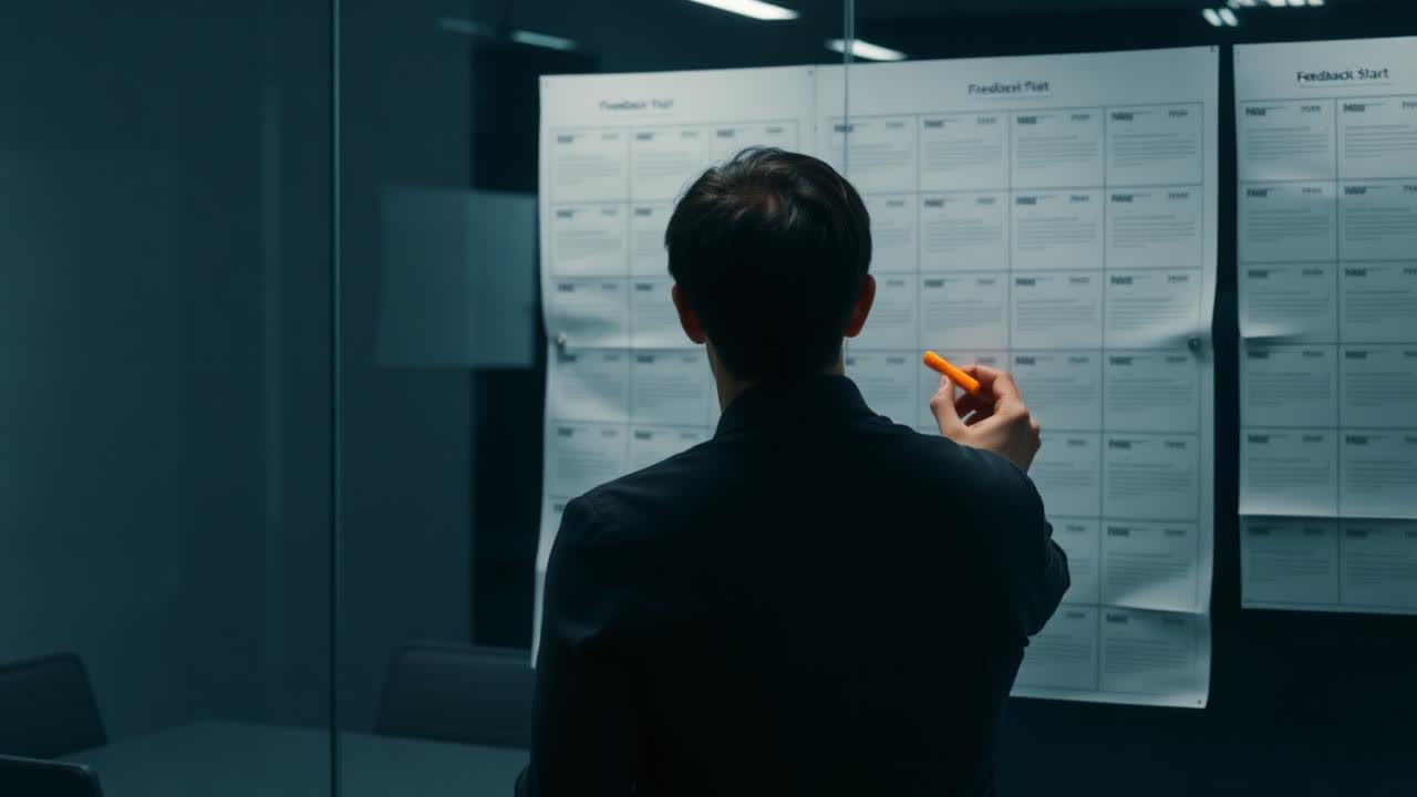 A facilitator seen from behind working across a wall of anonymous feedback sheets, orange marker in hand