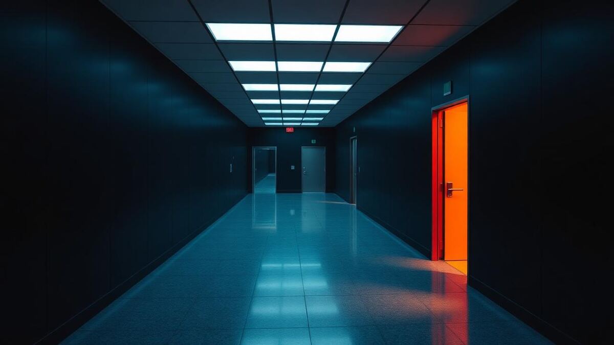 Corporate corridor branching into several doorways with one lit warm orange