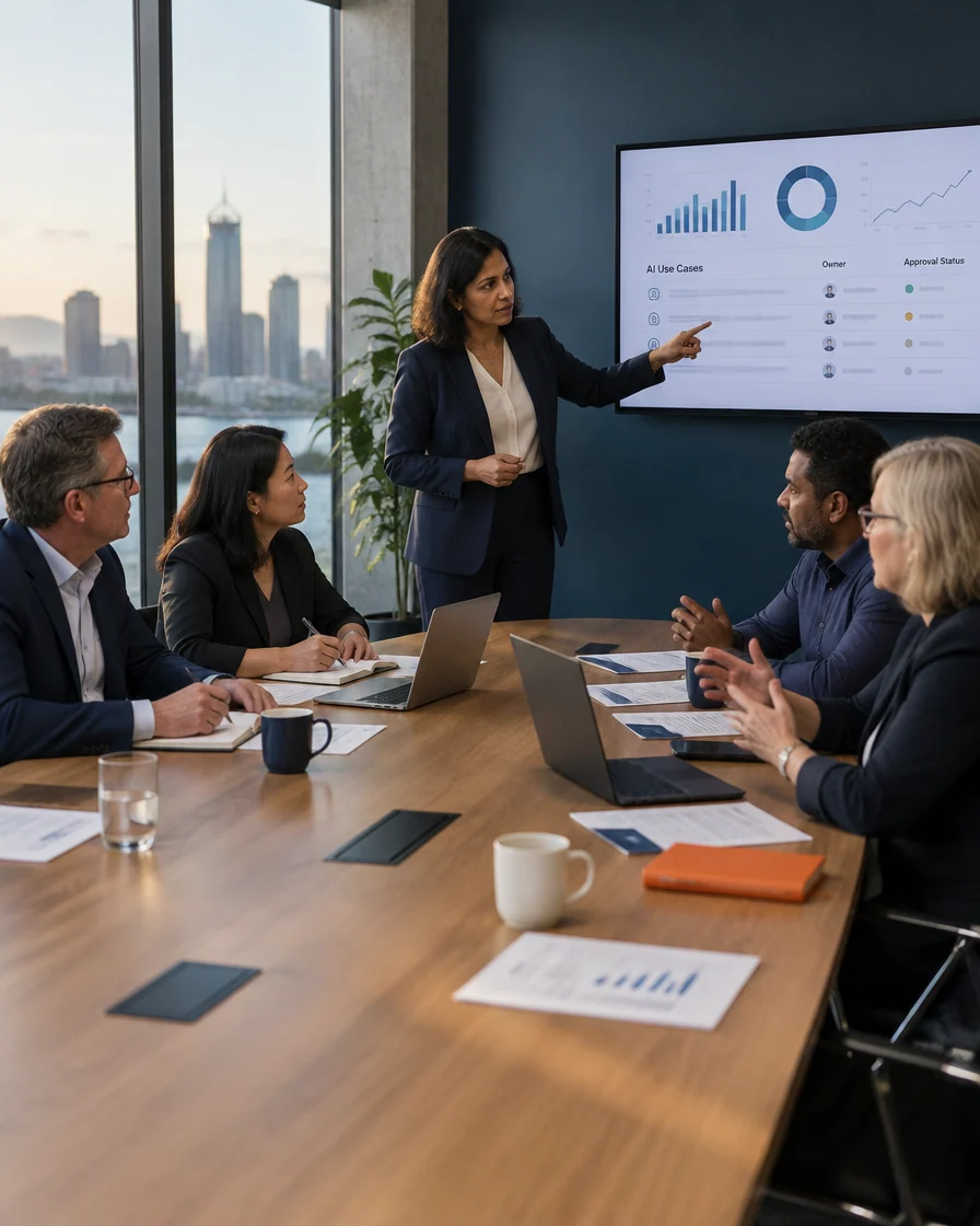Leadership team reviewing AI use cases, owners and approval status in a boardroom