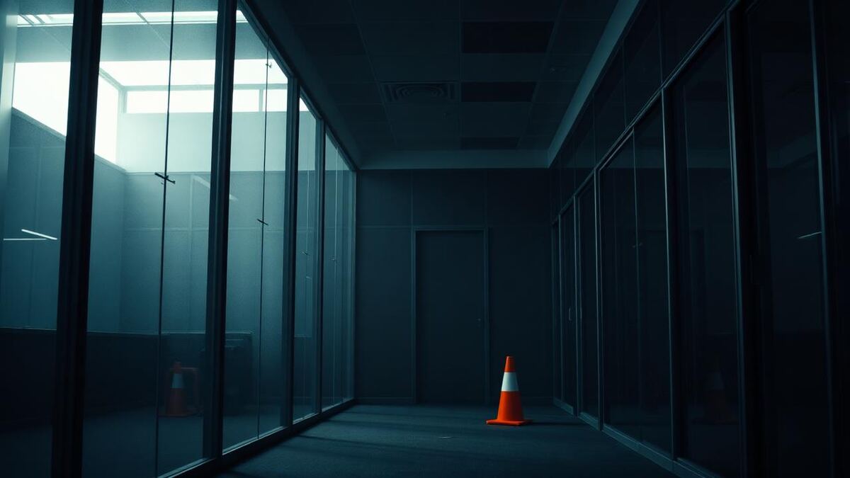 Corporate interior mid-reconfiguration in navy light, suggesting organisational change