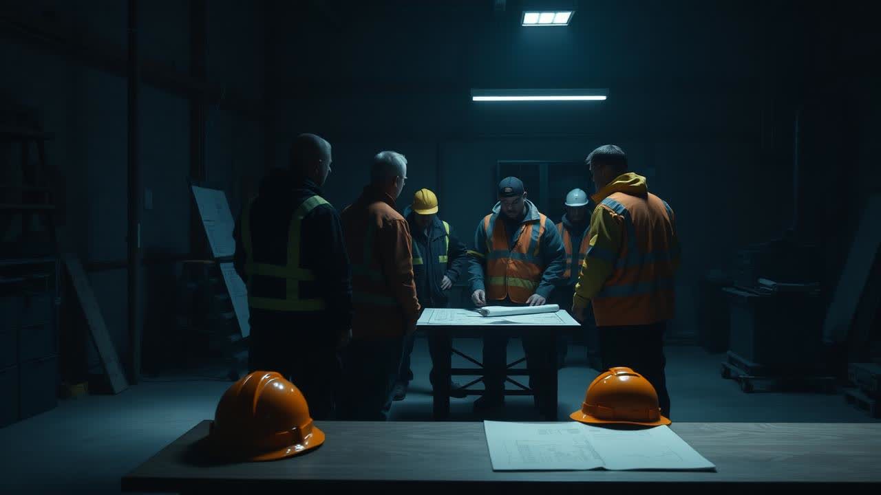 An operational team briefing around a plan table in a site workshop, hard hats on the bench