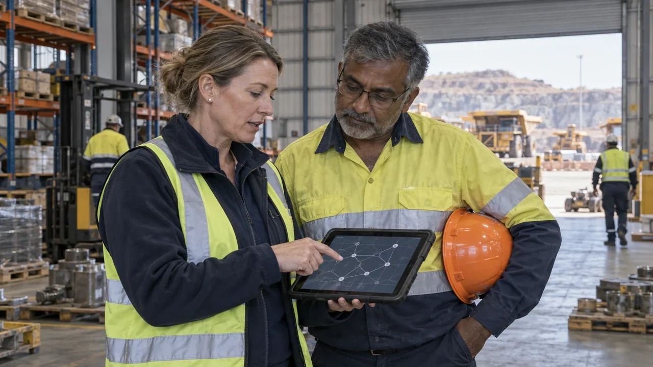 Warehouse staff reviewing a tablet beside storage racks