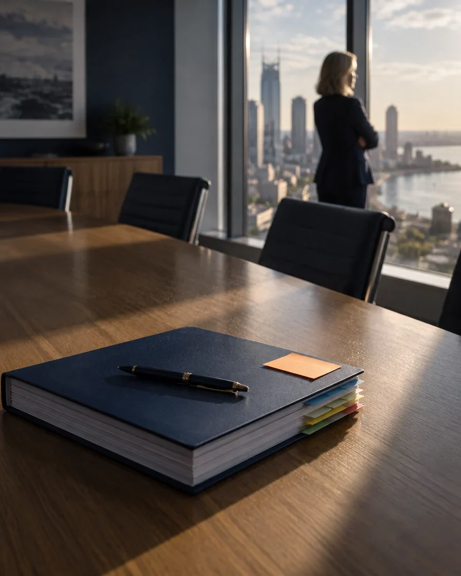 Strategy documents and sticky notes on an empty boardroom table