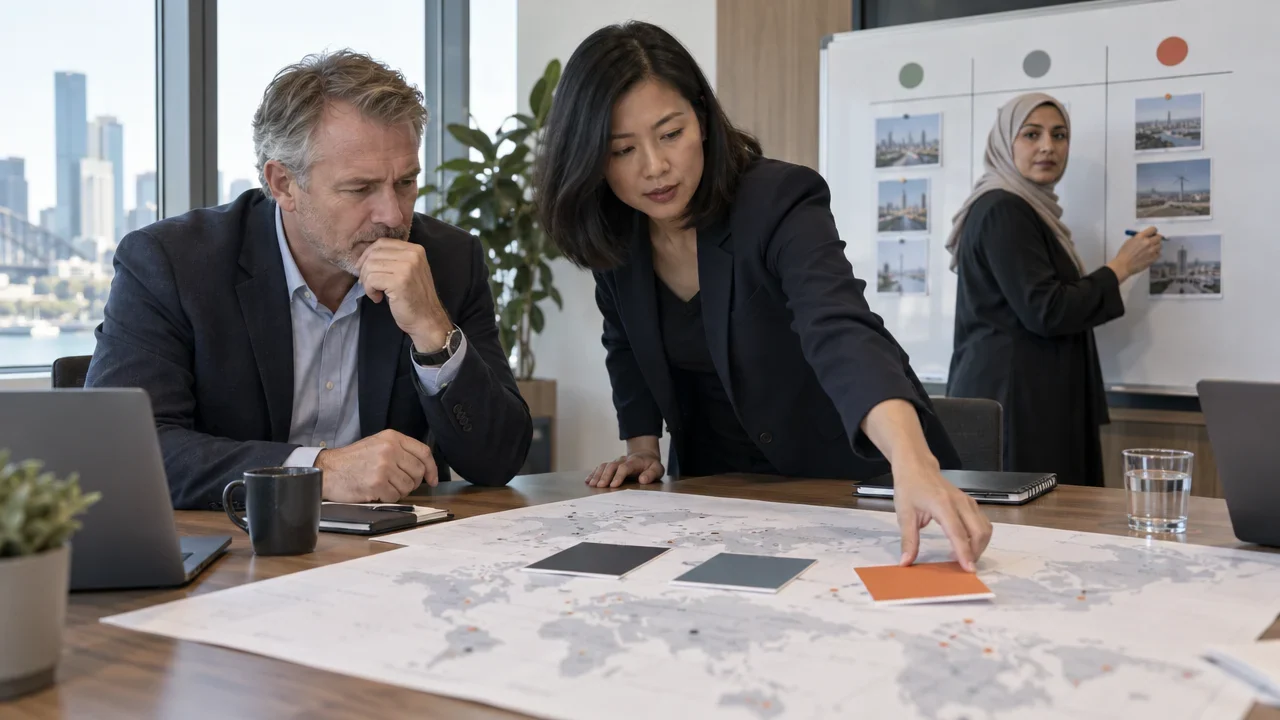 Leaders reviewing a map and planning options at a table