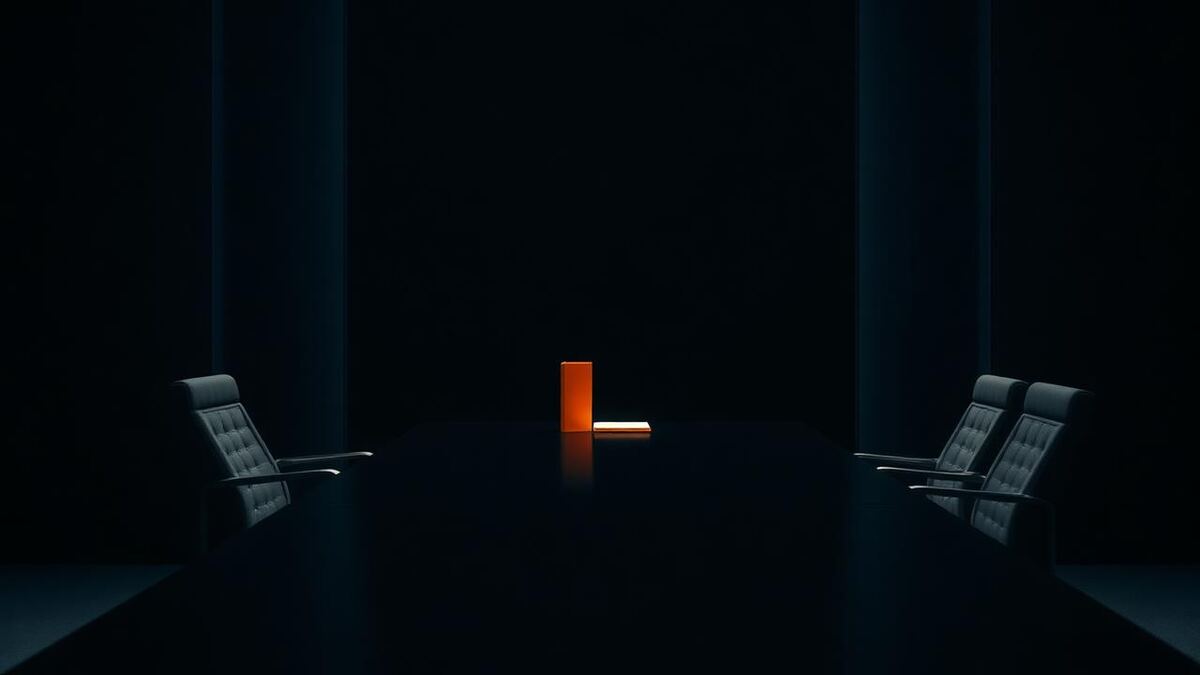 Two chairs facing each other across a dark negotiating table in low light