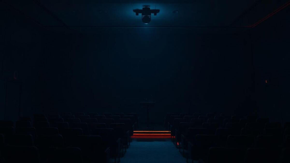 Lectern and microphone lit by a single directional light in a darkened auditorium