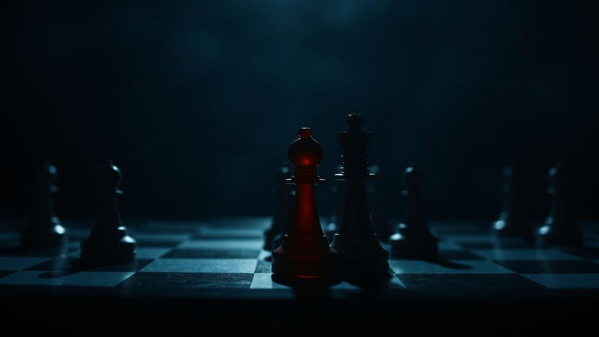 Chess pieces on a dark board in raking light with one piece in orange