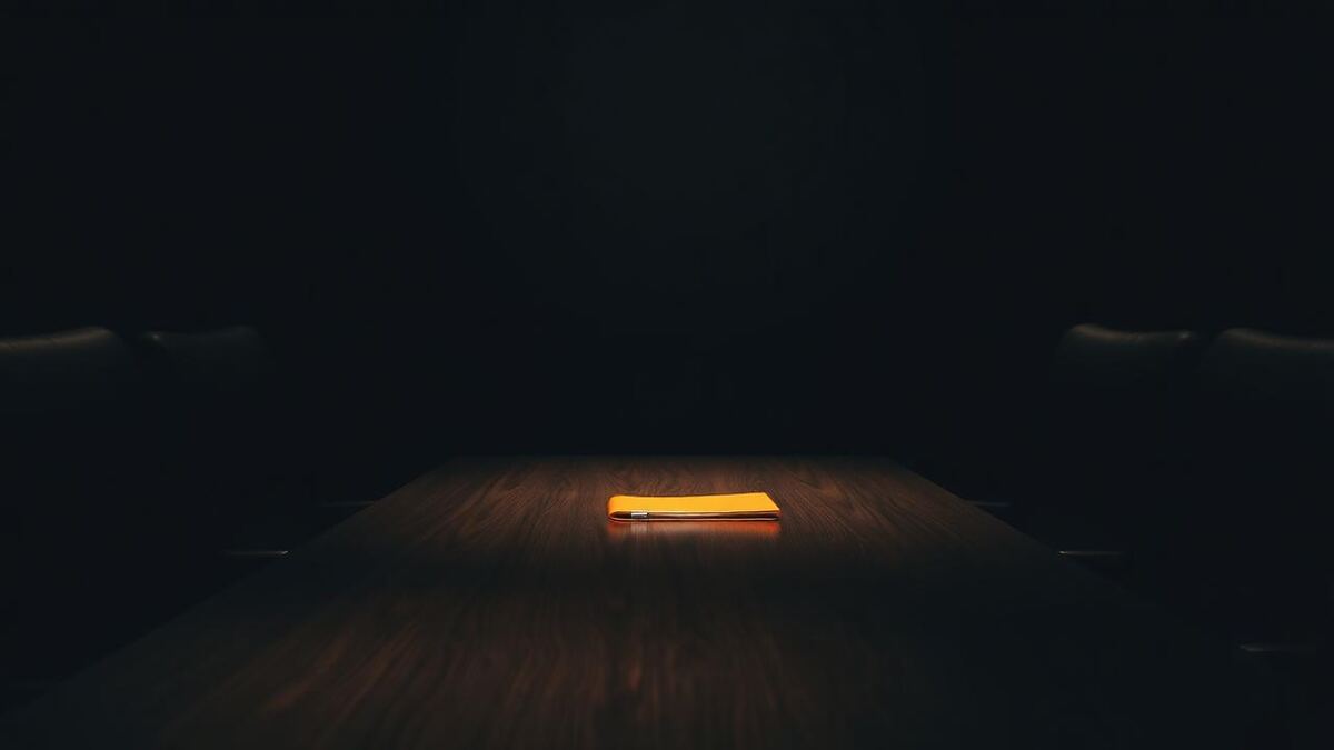 Board table and skyline at night, lit by a single restrained warm light