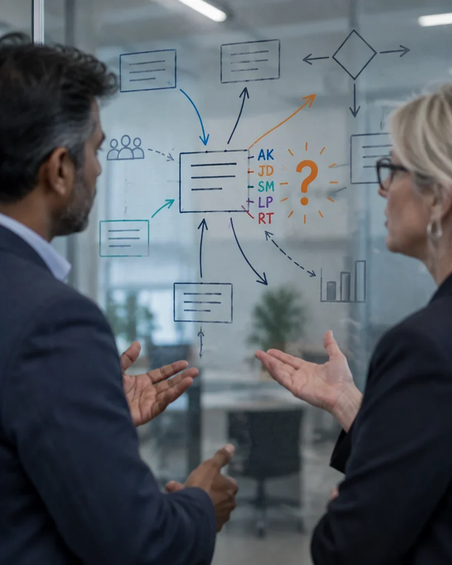 Two leaders reviewing responsibilities on a whiteboard