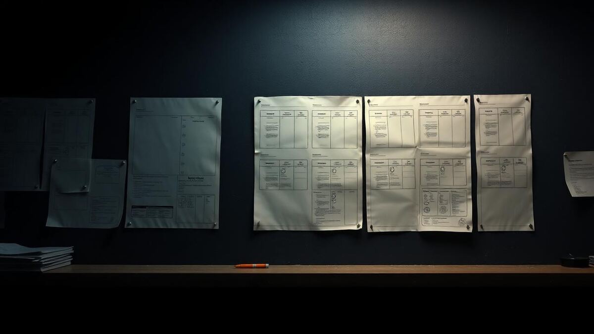 Workshop wall of planning sheets with an orange marker on the ledge beneath