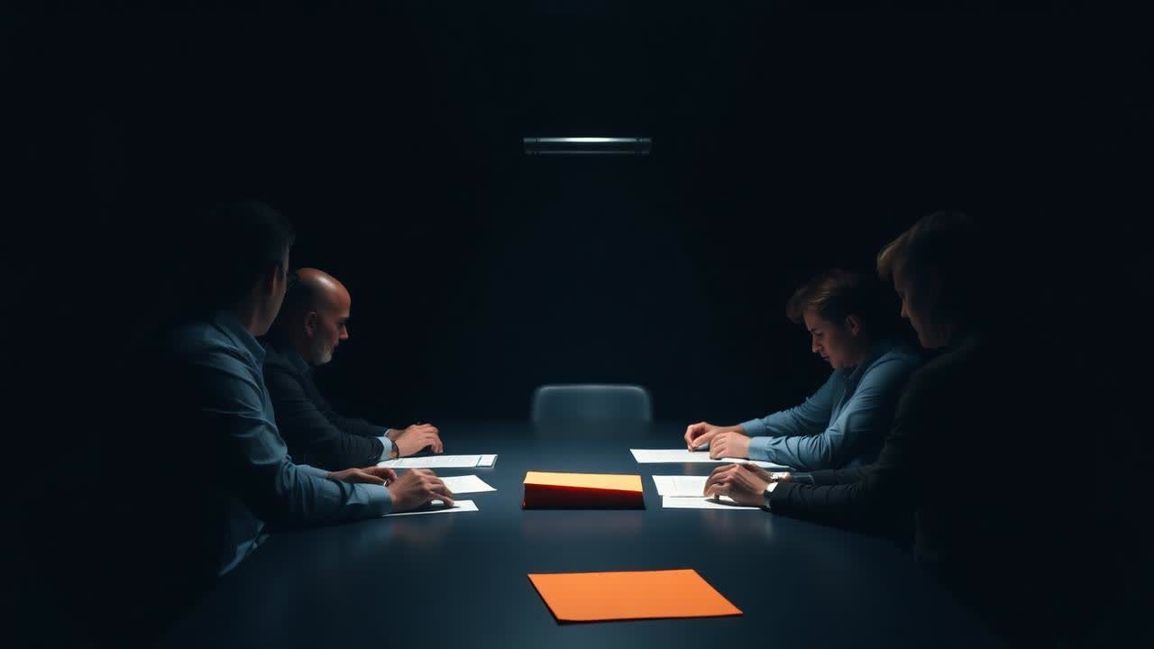 A team working together around a meeting table in low navy light, seen from behind, with an orange folder between them