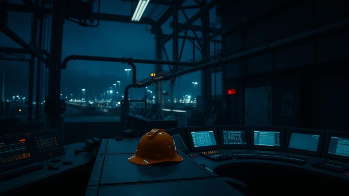 Industrial processing plant at twilight with steel pipework under a navy sky