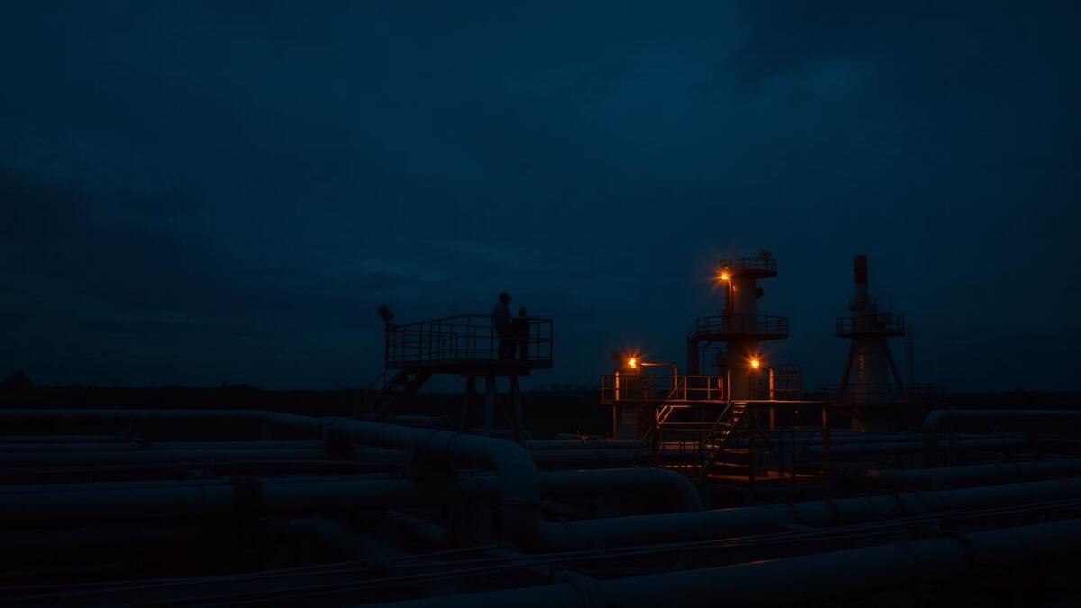 Gas processing plant at blue hour with walkways and one orange work light