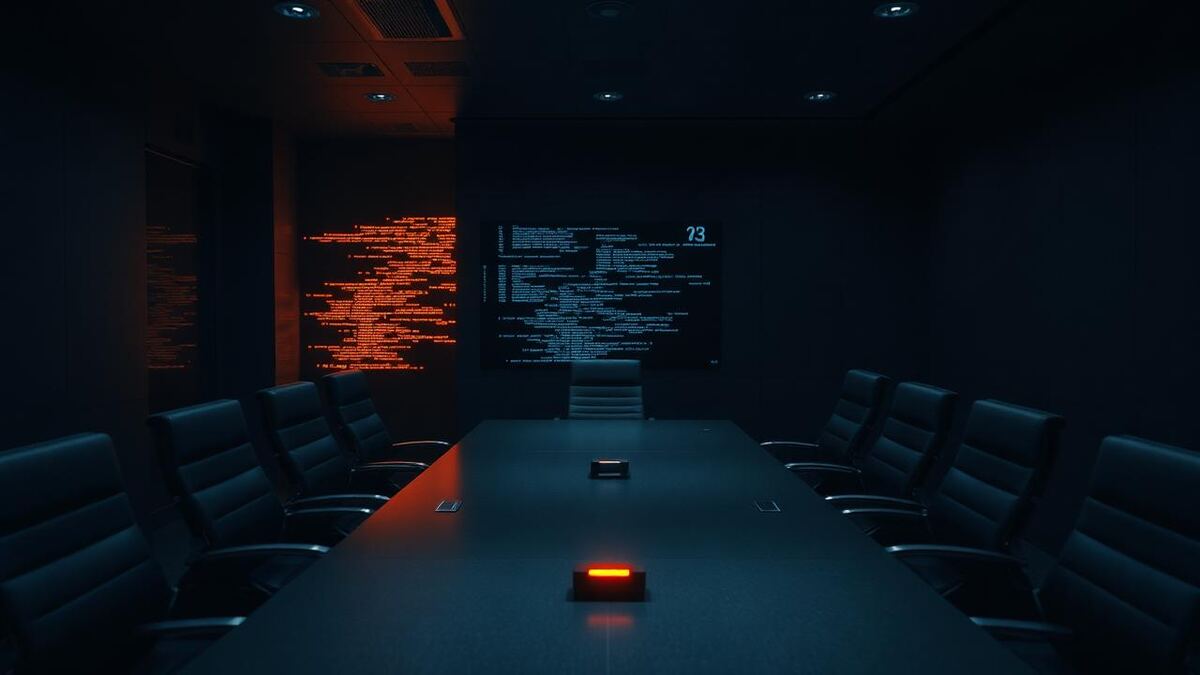 Executive boardroom at night with a faint data-light wall and a single orange indicator light