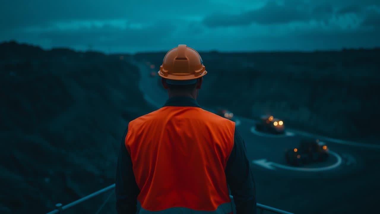 A supervisor in a hi-vis orange vest overlooking a mine site at dawn under a deep navy sky