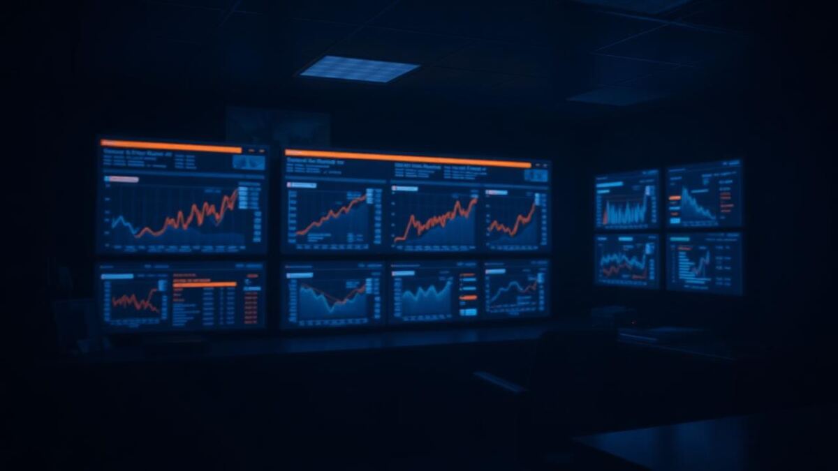 Dim analytics room with softly blurred dashboard screens and one orange chart line