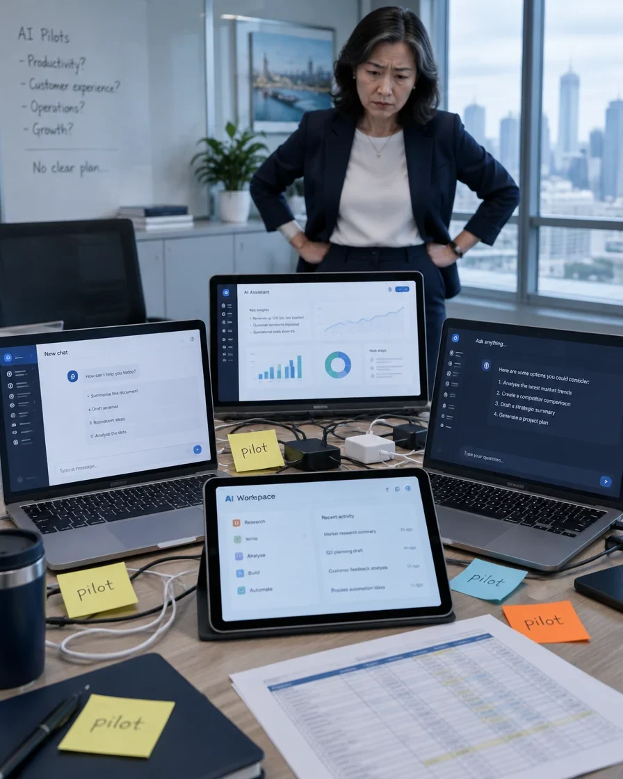 Laptops and tablets showing different AI tools on a meeting table