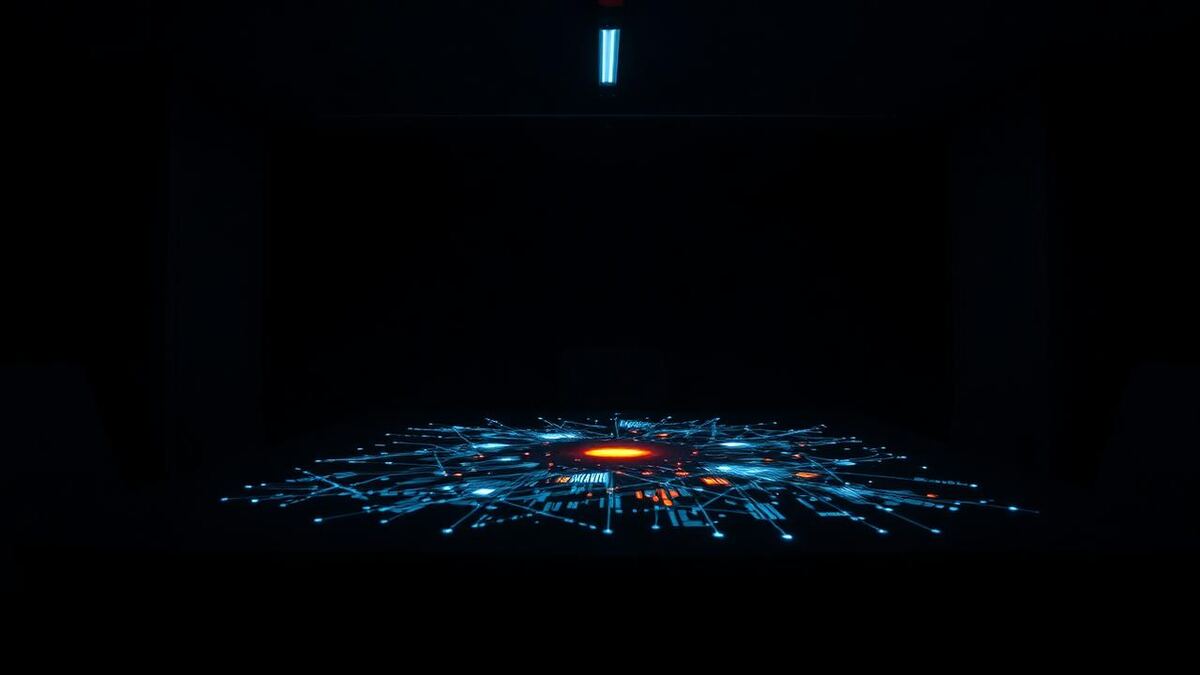 Darkened meeting room with an abstract wash of data light across the table