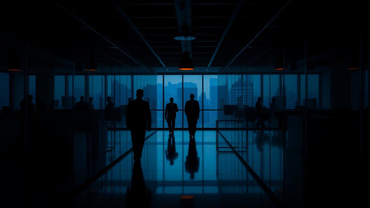 A corporate office floor at dusk with senior managers in silhouette walking past glass partitions