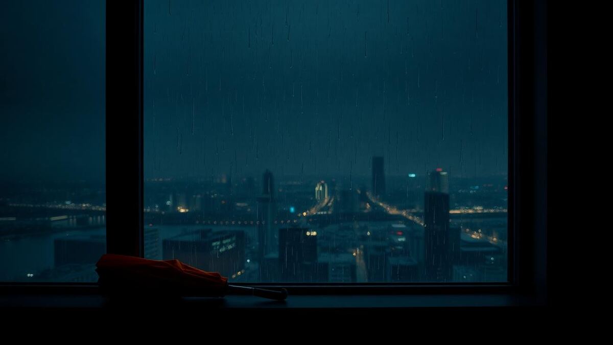 Rain on a high-rise office window at night with an orange umbrella resting on the sill