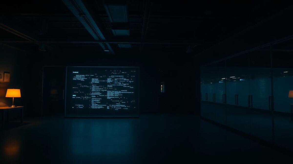 Open-plan office at night with data light falling across a glass partition and one orange lamp