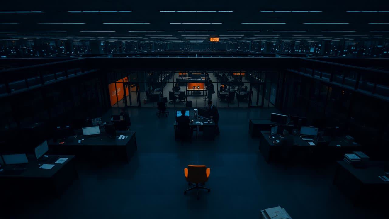 An open-plan corporate floor at dusk in navy light with a single orange chair standing out