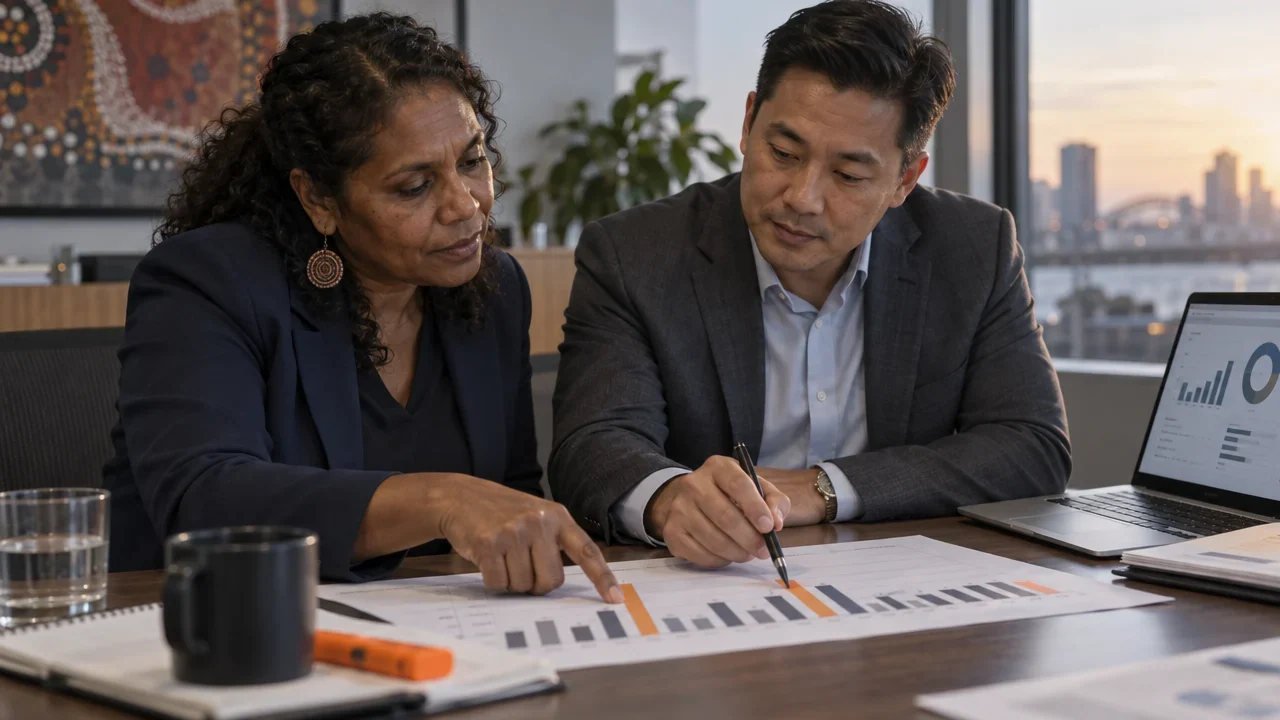 Two colleagues reviewing financial charts together