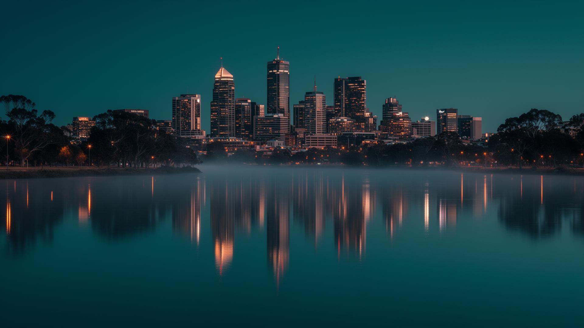 Perth city skyline at dusk across the Swan River