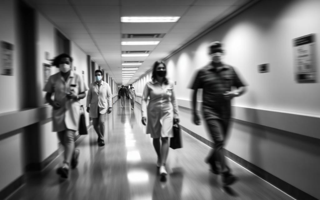 Clinical staff moving through a hospital corridor