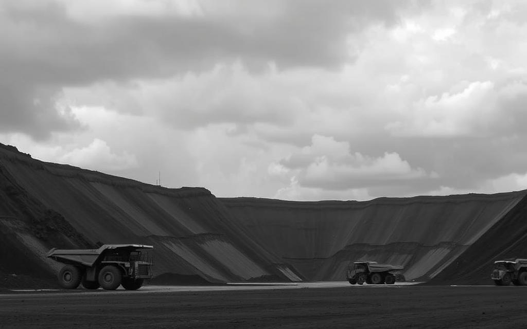 Open-pit mining operation with haul trucks